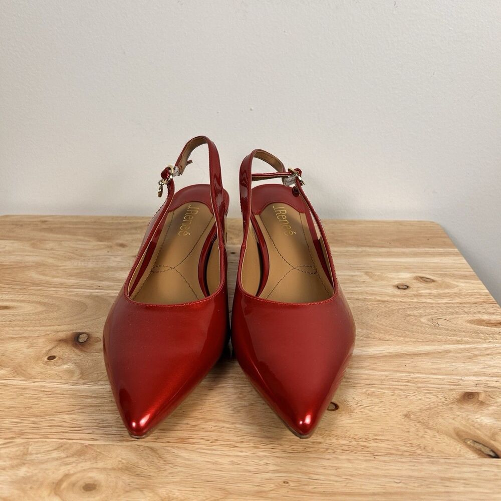 J Renee Red Patent Slingback Heels 9M Gold Block Heel Pointed Toe Dress Shoes - Picture 3 of 9